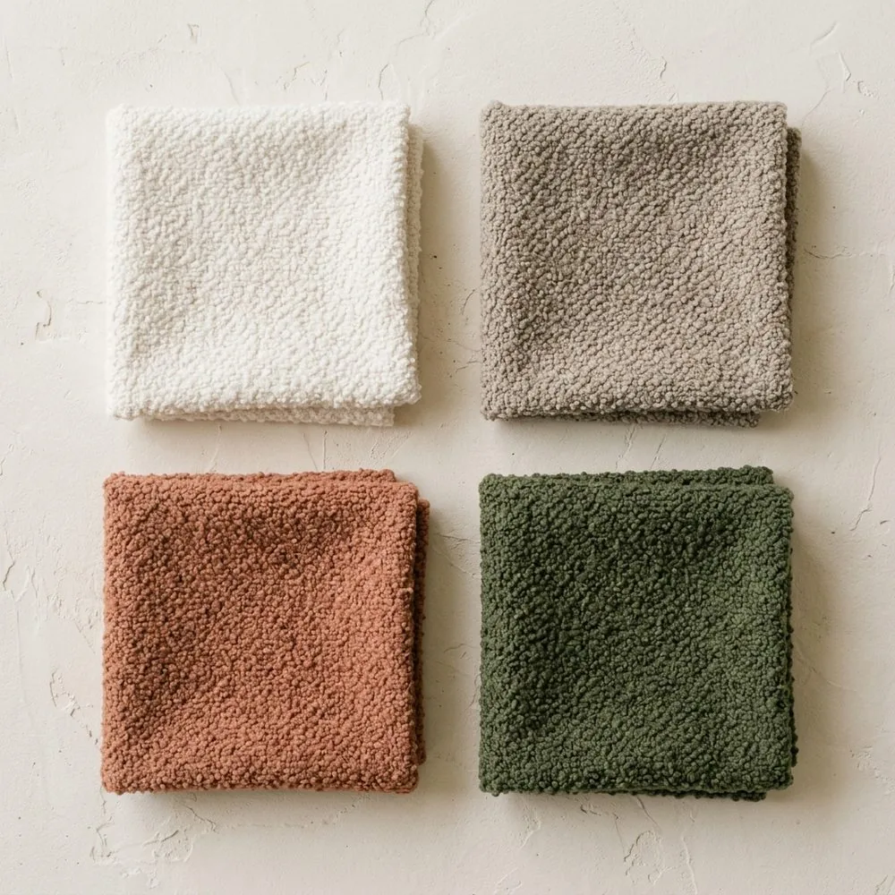 Four folded squares of looped bouclé fabric on a plaster surface: off-white Bone, warm greige Oat, terracotta Clay and deep green Moss.