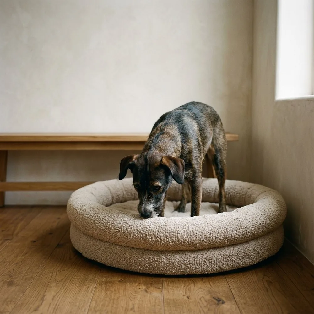 A brindle dog standing inside a pale bouclé donut bed in a hallway, head lowered as it sniffs the centre of the bed, on an oak floor.